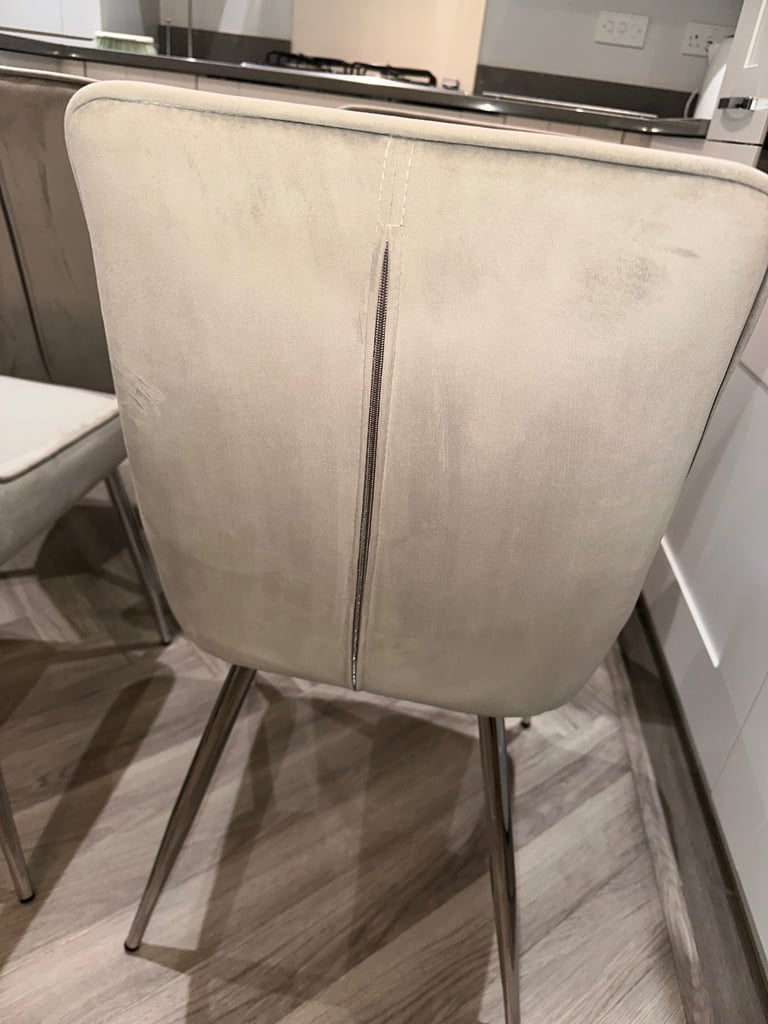 Grey marble effect glass top dining table with chrome legs and 4 grey suede dining chairs 