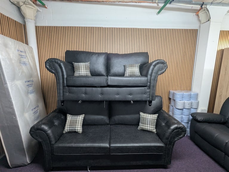 image for Premium Black Leather Chesterfield Sofa Set