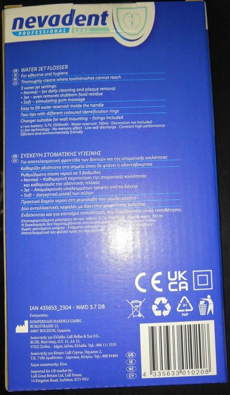 Nevadent Water Jet Flosser - Rechargeable Li-Ion Battery