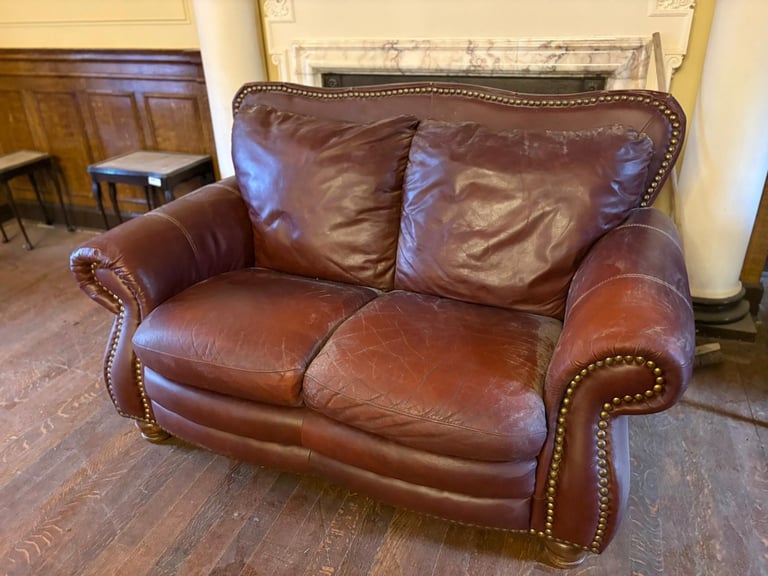 Vintage Dark Red Leather Chesterfield-Style Sofa