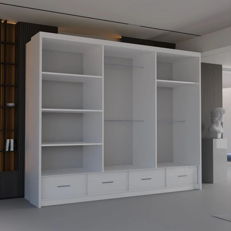 ⚡🌟Brand New High Gloss 2 or 3 Doors Sliding Wardrobe with Mirrors, Drawers, LED Light included