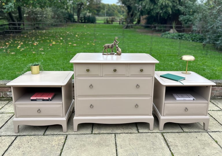 Upcycled Stag Minstrel chest of drawers and bedside cabinet set