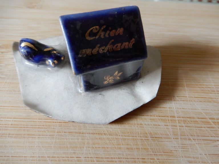 Vintage Limoges Cobalt Blue  Dog and Dog house Miniature Figure 