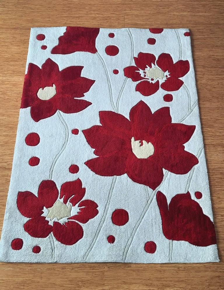 Red and Cream Rug, 114x162cm, Red Carpet, Colour Block, Flowers, Rebecca Mills, Short Pile