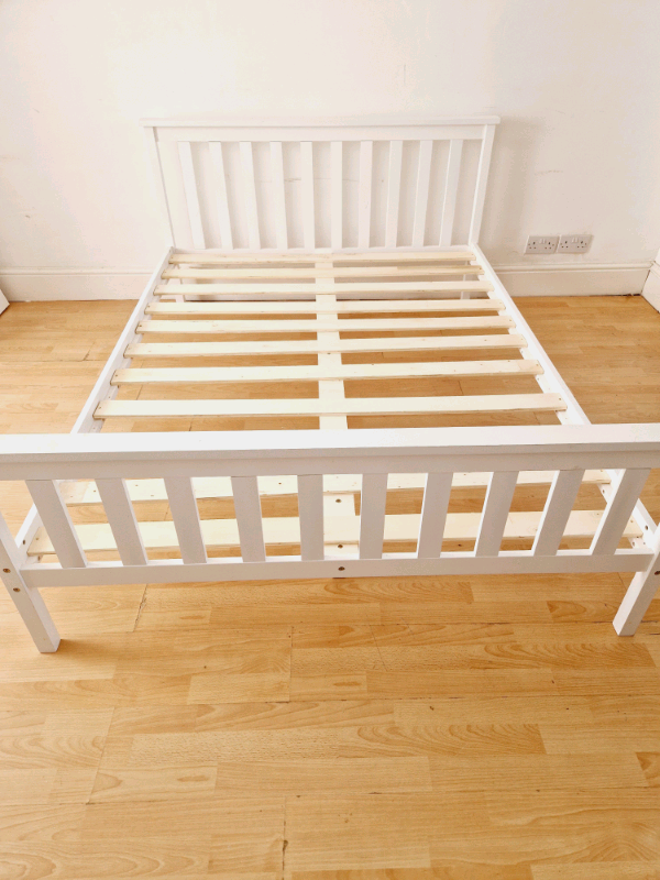  White Double Bed Wooden Frame