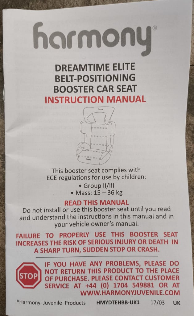Harmony Dreamtime Elite High Back Car Booster Seat 15Kg - 36Kg Ages 4-12