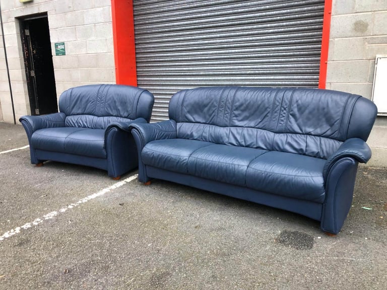 Blue Italian Leather 2 and 3 Seater Sofas 