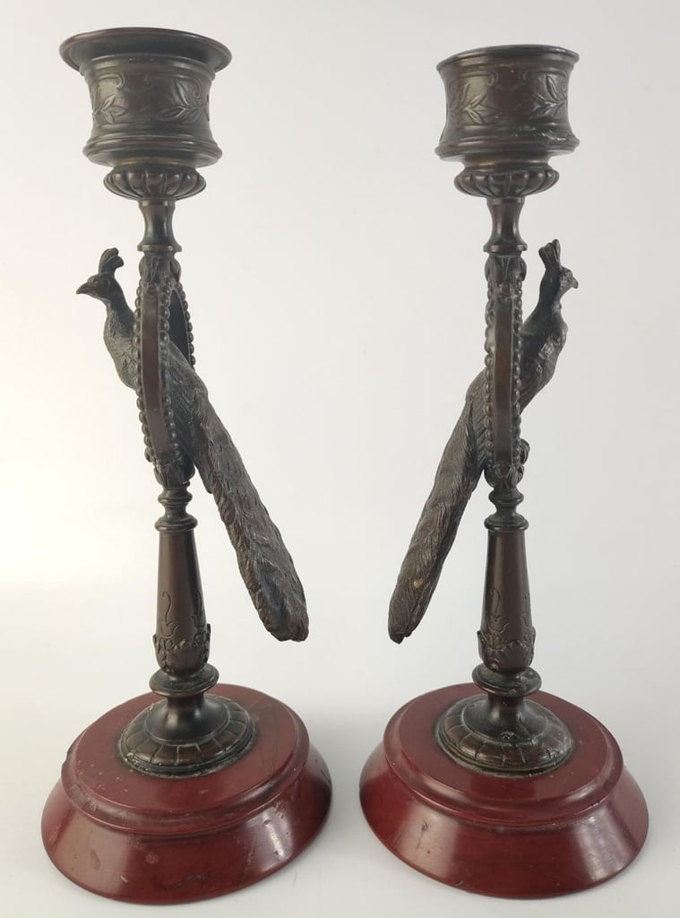 image for Vintage Pair of Cast Metal Candlesticks with Perching Peacocks