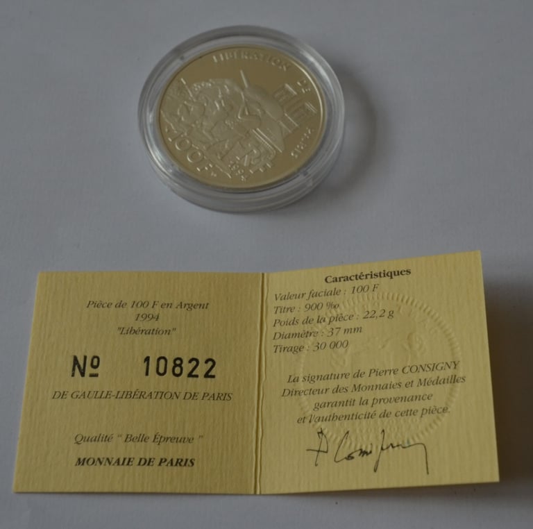 100 FRANCS SILVER PROOF LIBERATION DE PARIS COIN