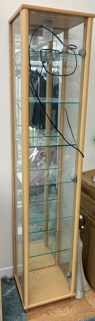 image for Oak effect display cabinet with 6 glass shelves and light 