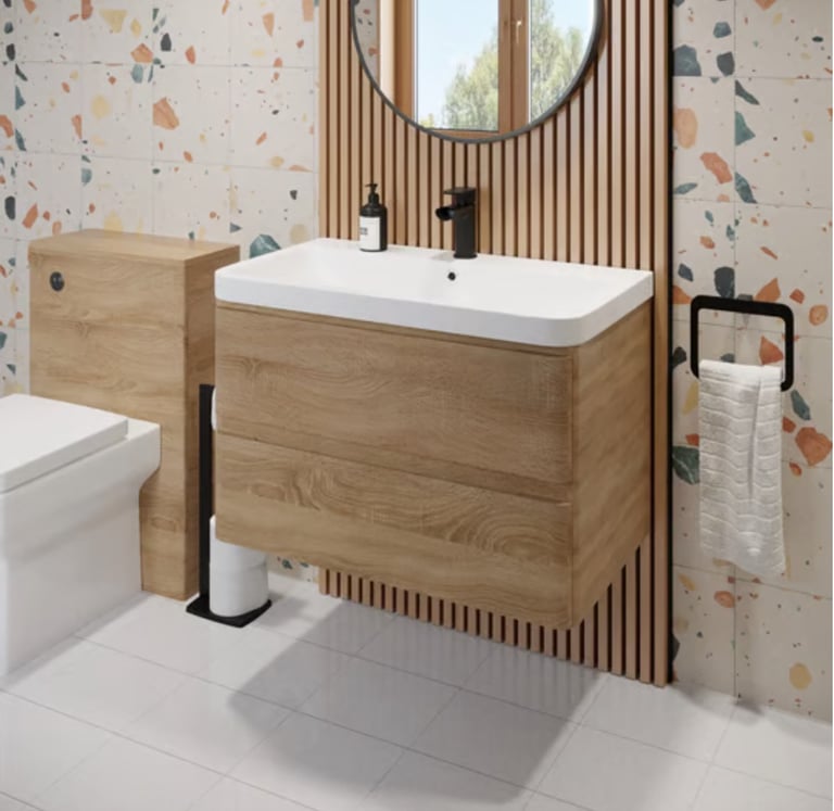 Wall Hung Oak Wood Basin Bathroom Vanity Unit 800mm and sink