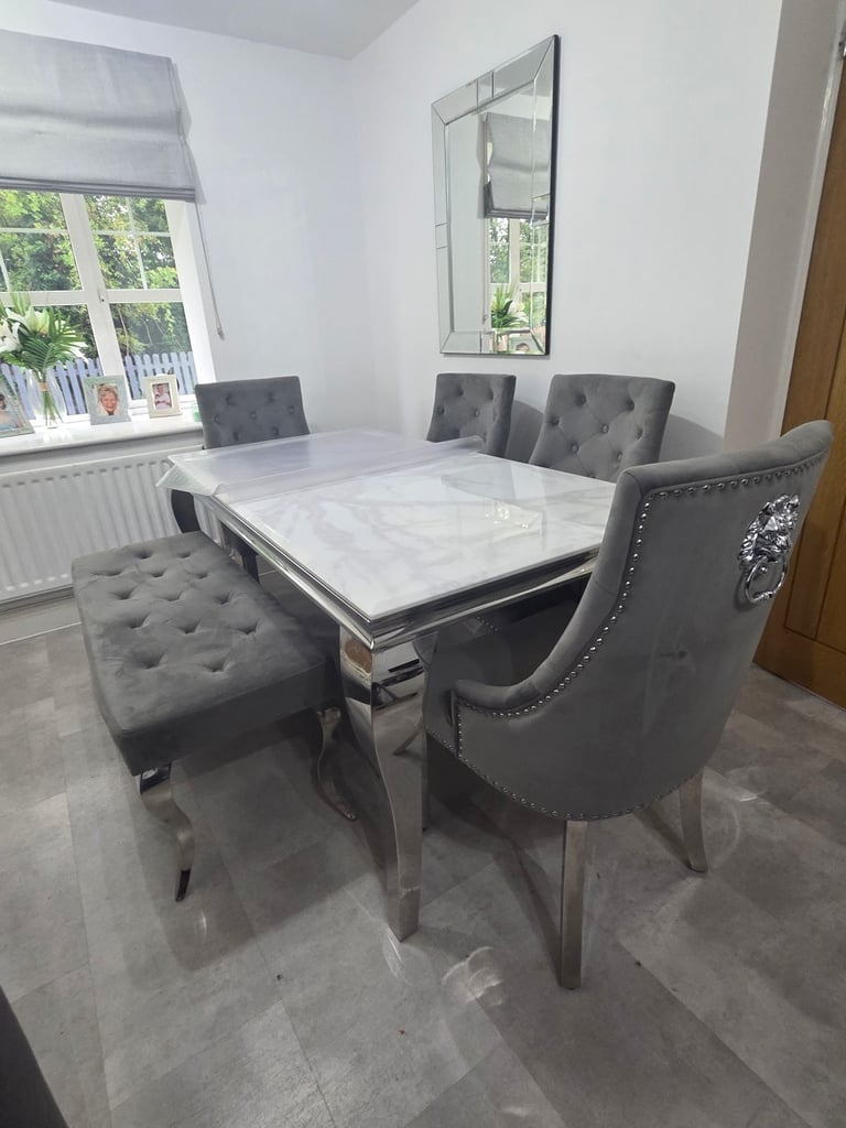 Louis Marble Dining Table + 4 Lion Knocker Chairs + Bench