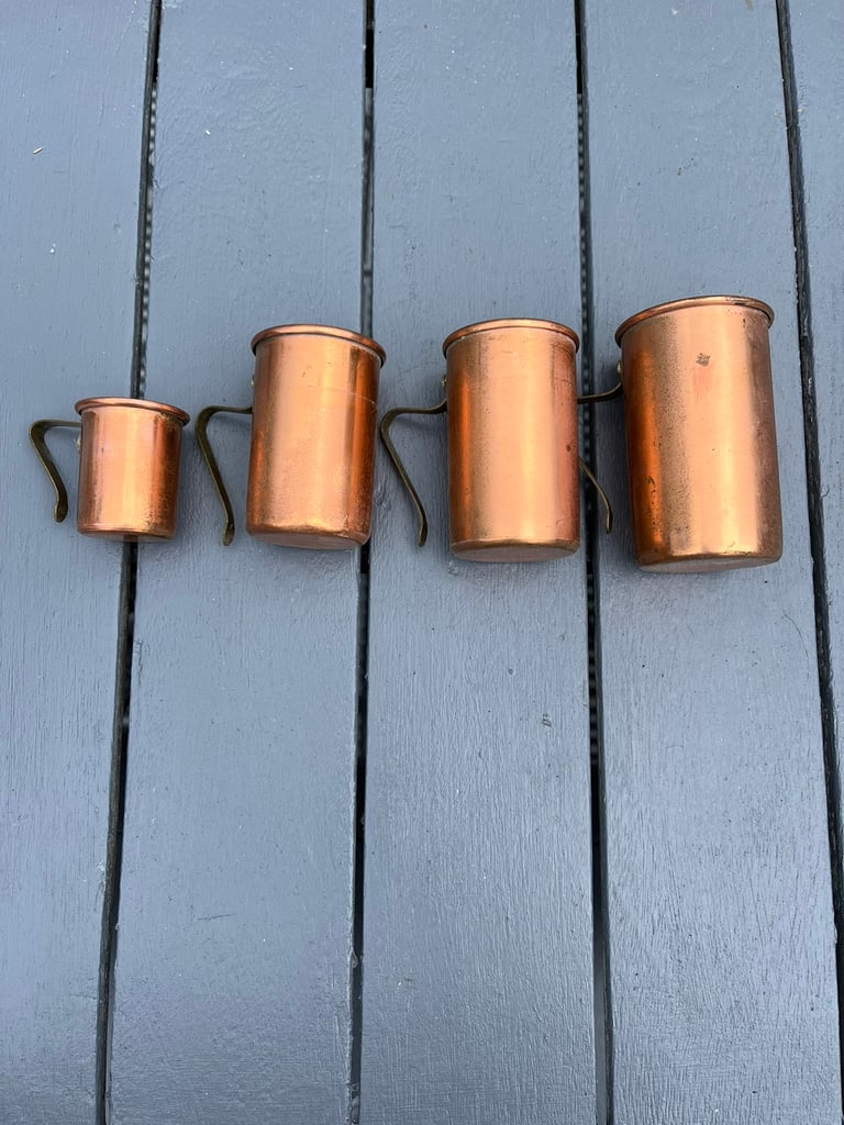 Vintage Copper Sauce Pans and measuring cups 