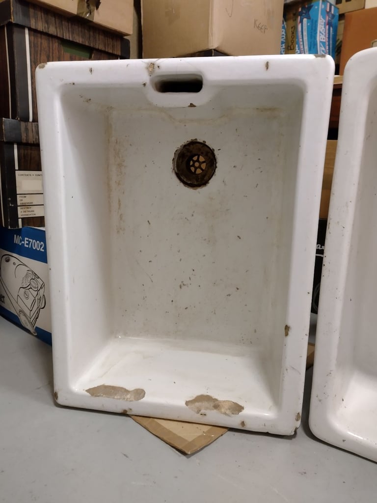 Belfast sinks, two, suitable for garden use, white ceramic