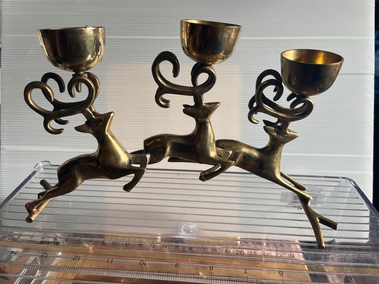 Vintage Brass 3 Reindeer Votive Candle Holder Candelabra, Christmas, Winter