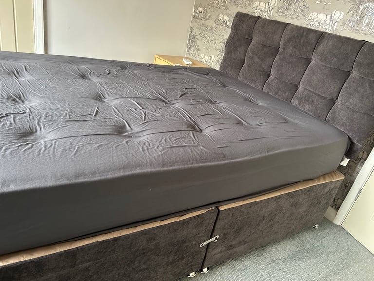 image for Double Bed Set – Mattress, Divan Base & Headboard – Good Conditi