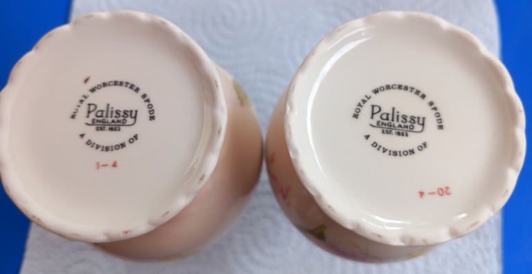 Pair of Palissy Royal Worcester Spode Bud vases, Pink background & Foxglove flowers,  Gold edging  