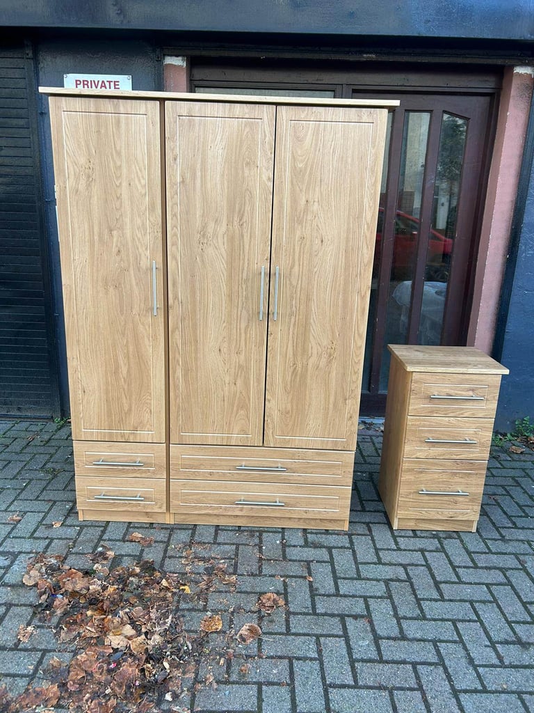 image for Triple oak wardrobe with matching bedside table 