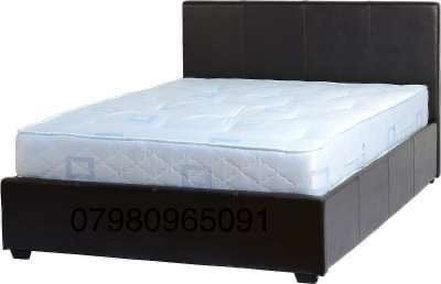 Bargain, Brand new, leather bed, padded, sprung, with mattress, double bed frame, brown, Boxed