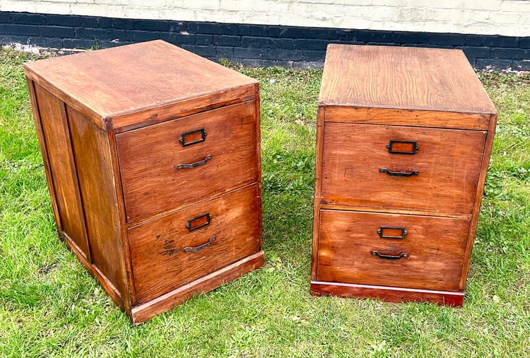 Pair 1950s two drawer filing cabinet bedside wooden desk industrial antique vintage library office