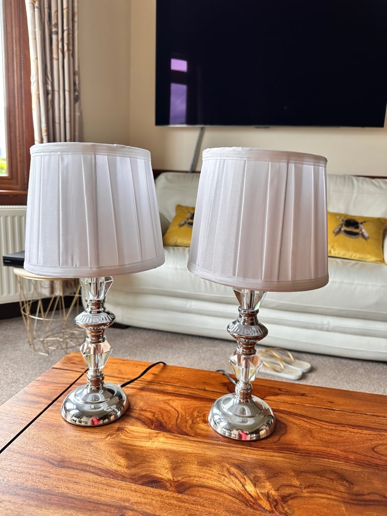 Pair of Silver Chrome and Crystal Bedside or Occasional Table Lamps