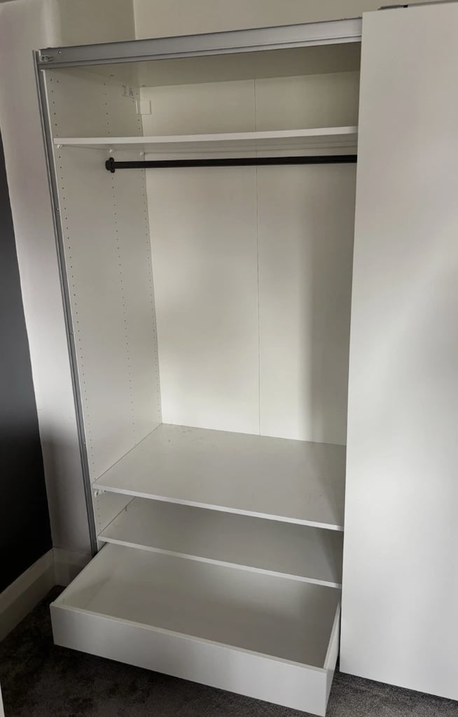 IKEA White Sliding Door Wardrobe with 2 Rails, 3 Drawers & 5 shelves FREE DELIVERY 050