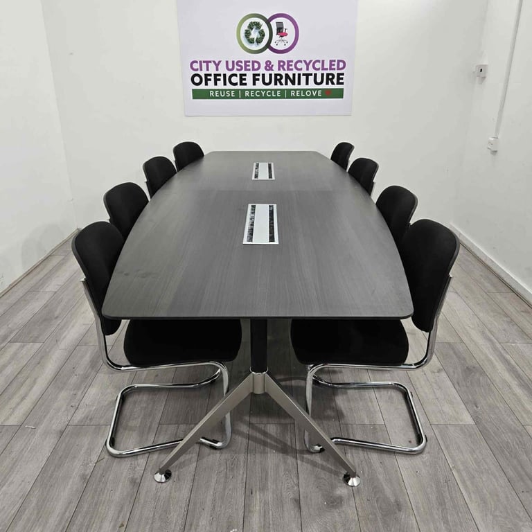  Executive Boardroom Table, Anthracite / Chrome, Comms Boxes, W3000mm w/ 8 x Conference Chairs