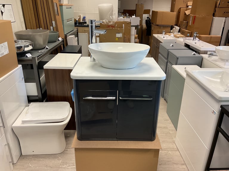 Roper Rhodes Anthracite wall hung vanity 600, Carrara marble like counter, basin, mixer & waste