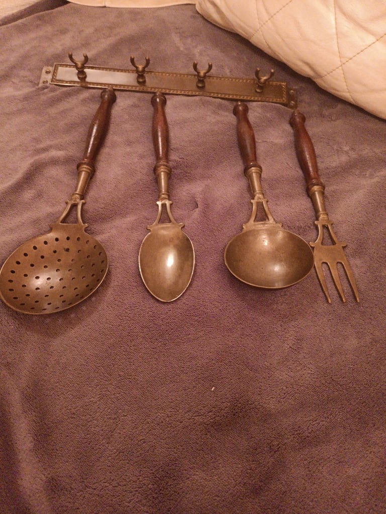 Antique Brass & Wood Kitchen utensils 