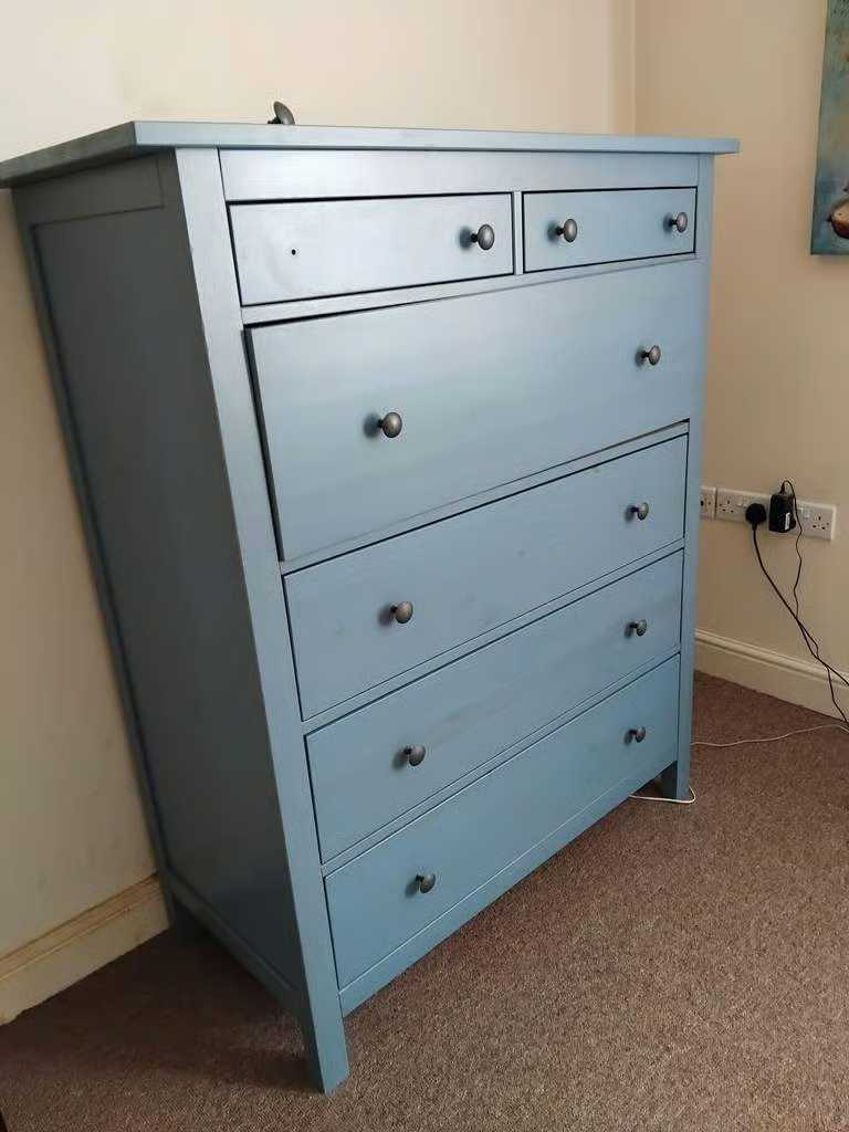 A Very Large, Tall and Heavy, Light Blue Wooden Chest of 6 Drawers, for Bedroom or Other Rooms