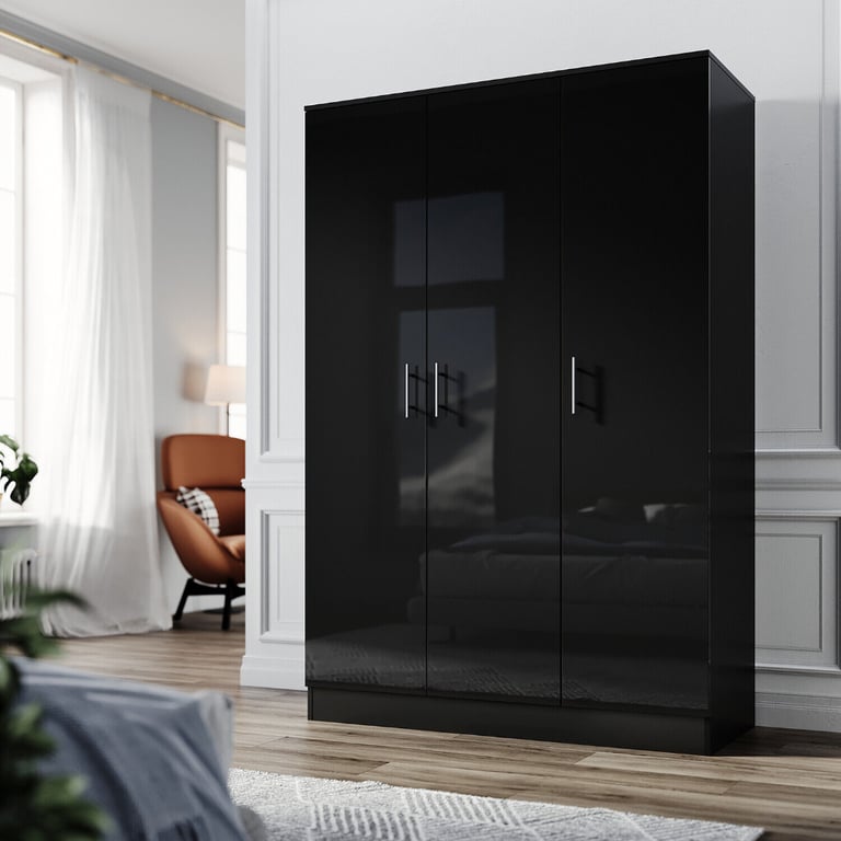 image for New Gloss Black 3 Doors Wardrobe + Hanging Rail and Shelves 180 x 50cm RRP £270 Our Price £215
