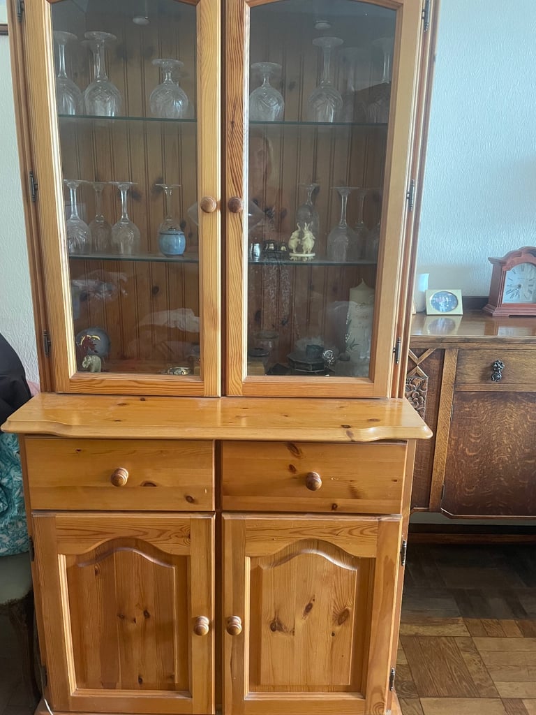 solid pine vintage 2 drawer and door dresser with a glass display unit with lights