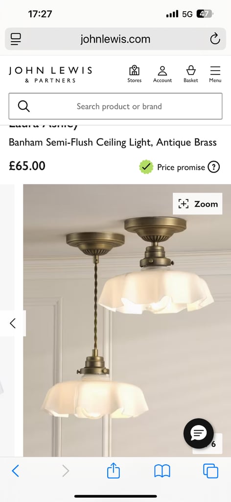 image for Brand New Laura Ashley Banham Semi-Flush Ceiling Light, Antique Brass. X 2