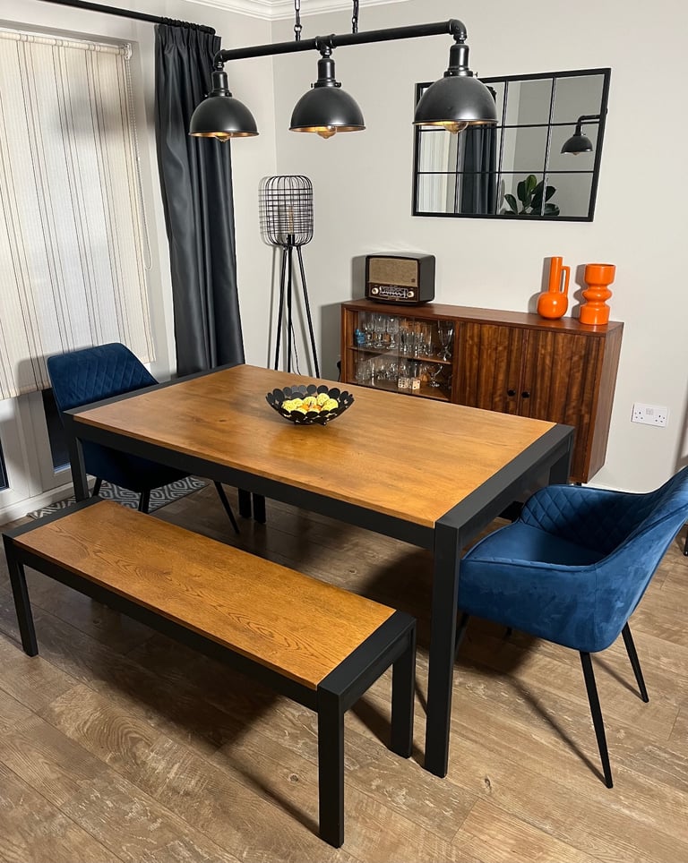 image for Stunning fully refurbished 6 person solid oak dining table set in urban/ industrial style