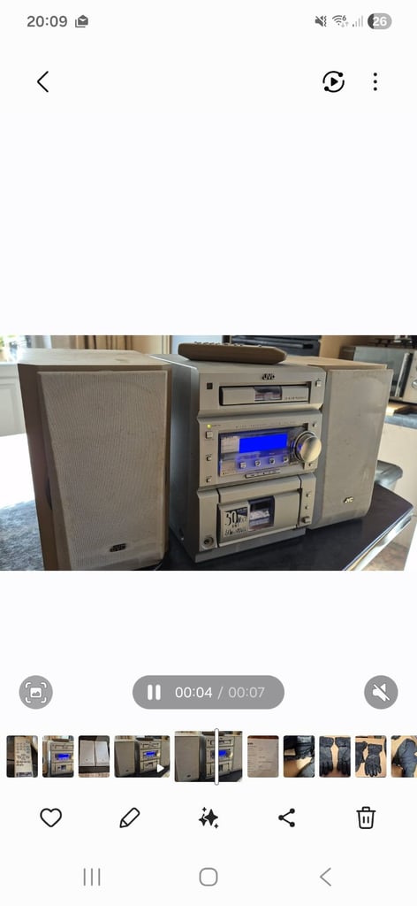 JVC mini stereo, cd and tape player and radio. Great sound. Some marks on speaker covers see pics.