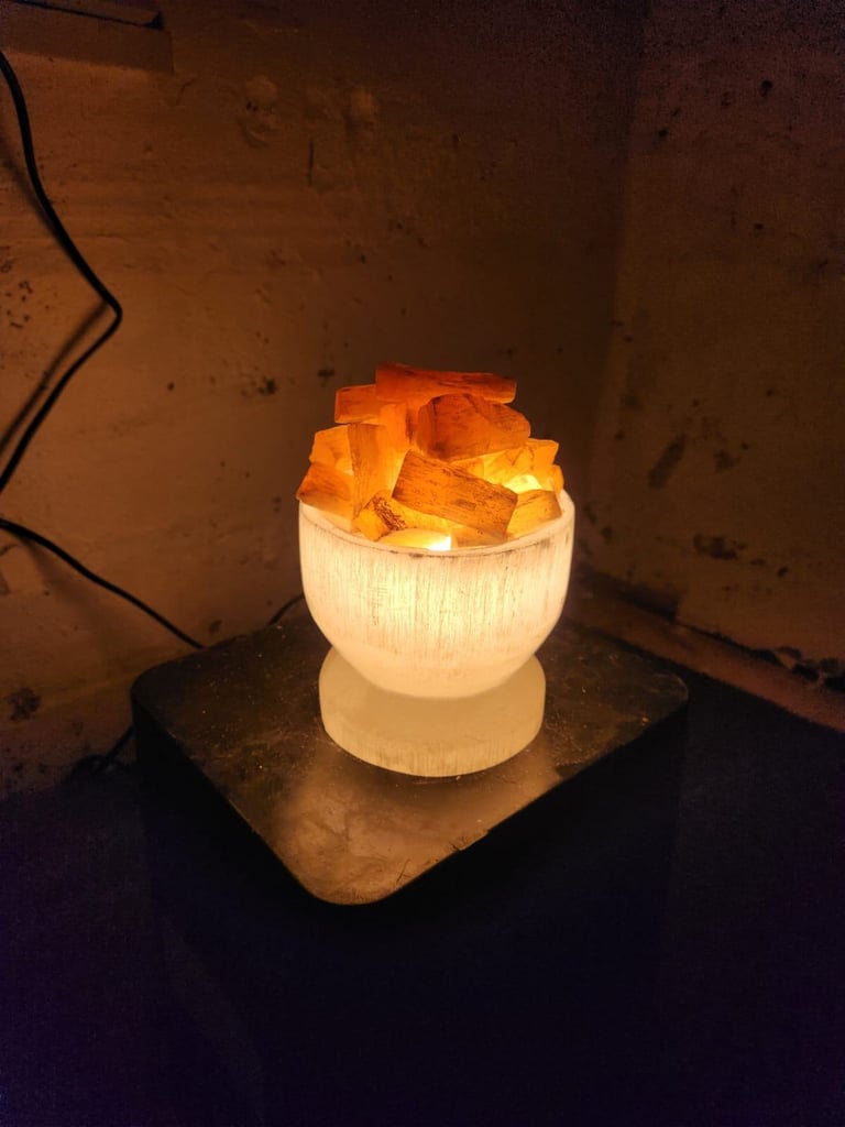Selenite Crystal Bowl Lamp with Chunks | White & Orange