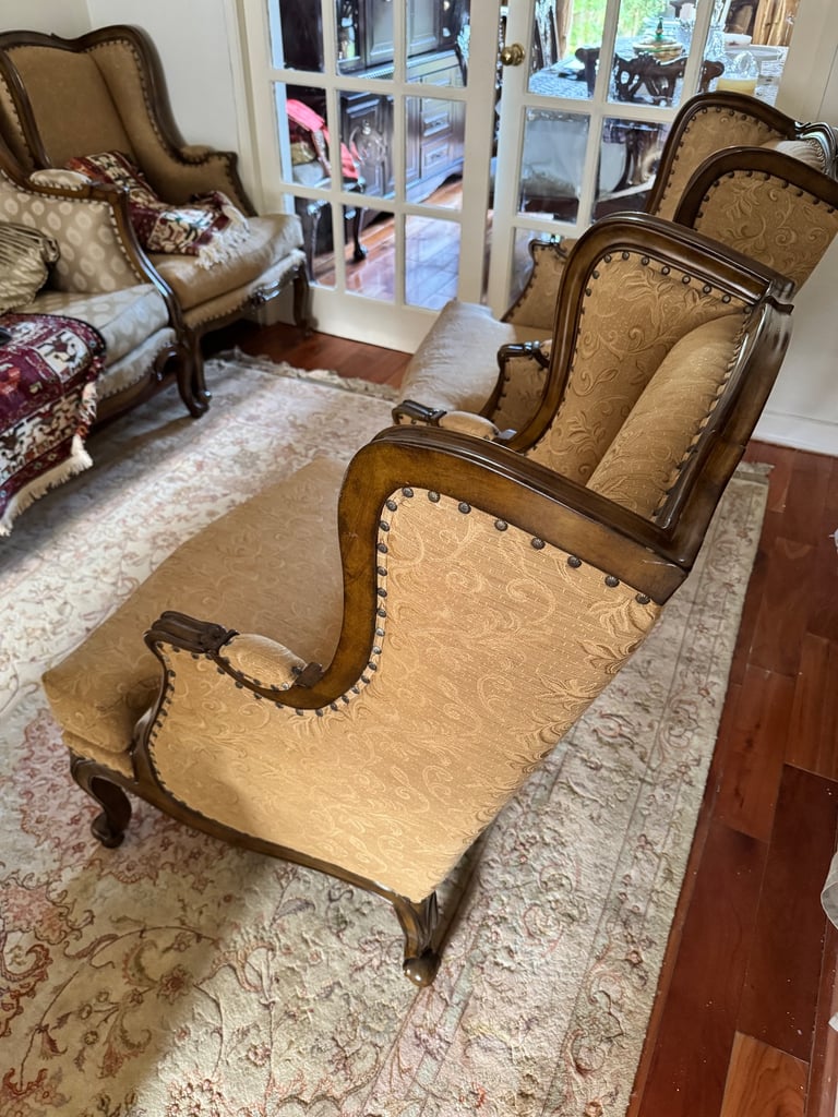 Antique Style Wingback Armchair - Carved Wood Frame & Jacquard Fabric