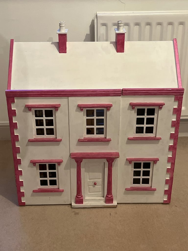 image for REDUCED Large wooden dolls house Pink & White hand painted 