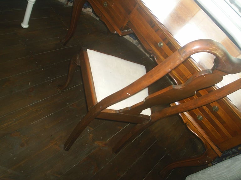 Writing Desk & Chair. Queen Ann Style 5 Drawer Walnut Desk & High Back Padded Chair 