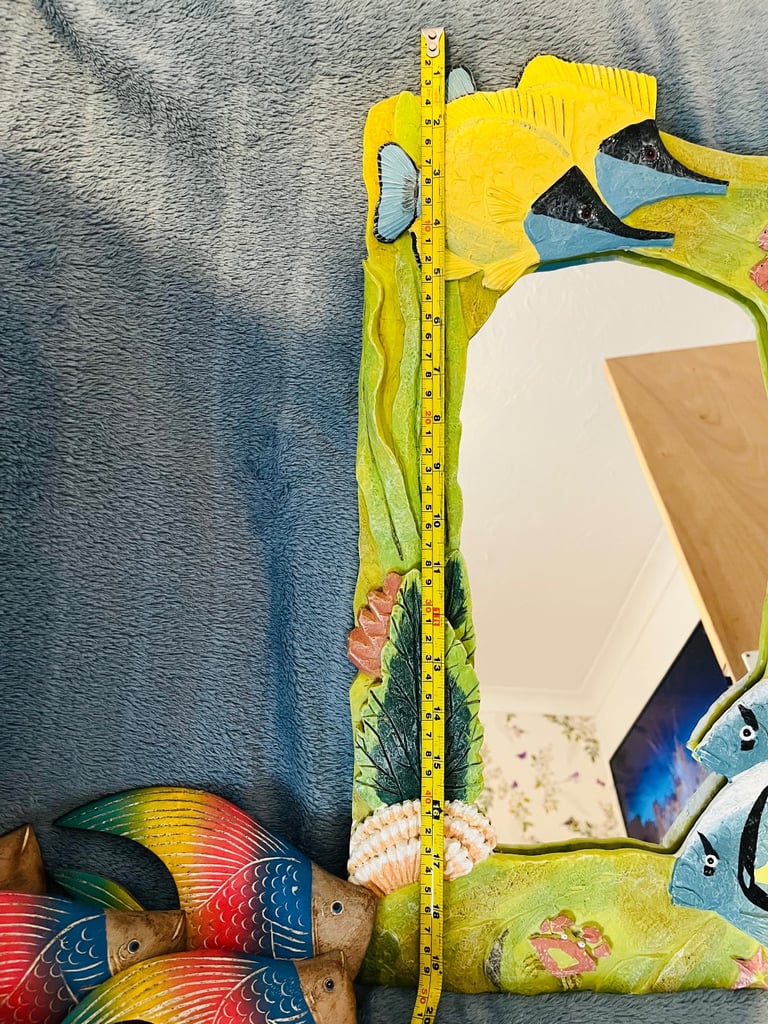 FISH MIRROR & WOODEN FISH. VERY COLOURFUL. Medium Size.  