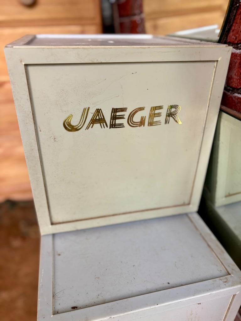 5 Vintage JAEGER plastic stacking shop display boxes/crates./storage