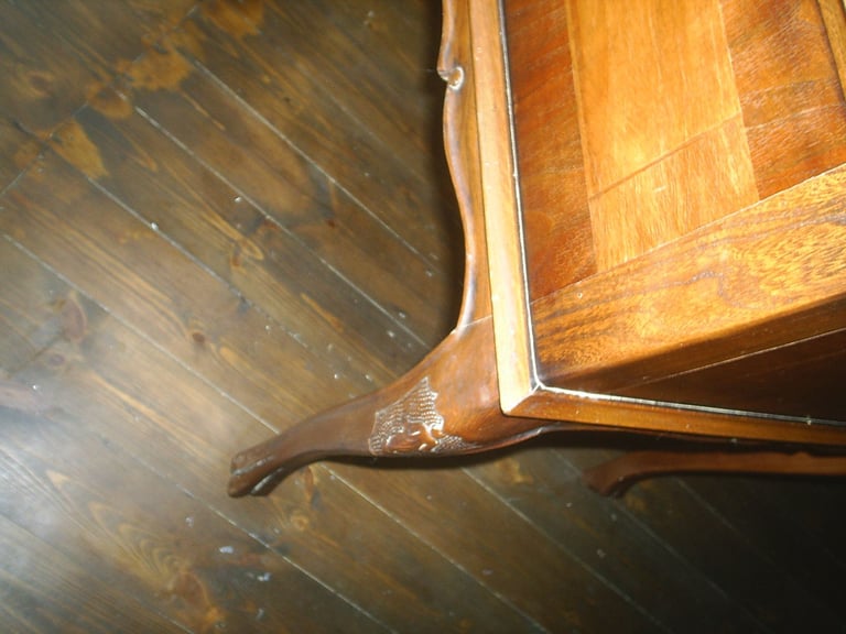 Writing Desk & Chair. Queen Ann Style 5 Drawer Walnut Desk & High Back Padded Chair 