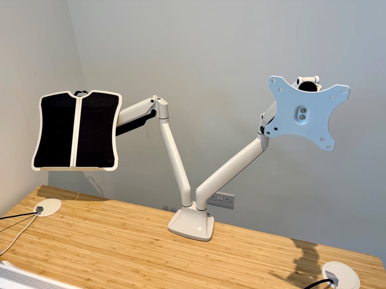 image for £80 or best offer: Jarvis Dual Monitor Arm with Laptop Tray by Herman Miller (RRP £175)