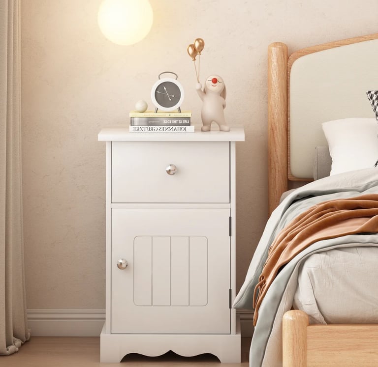 White 1 Drawer and 1 Door Bedside Tables Nightstand X 2