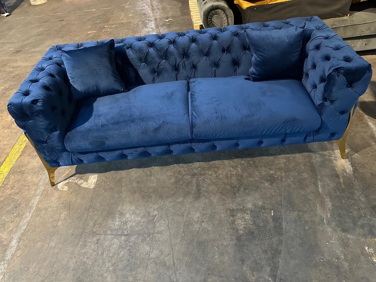 3/1 blue plush velvet chesterfield button sofa set