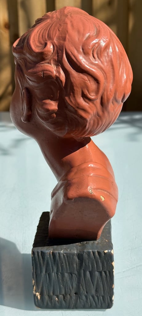 ANTIQUE FRENCH PLASTER BUST OF A YOUNG BOY, PAINTED CHALKWARE STATUE, 27cm tall - 1900s - WILL POST!