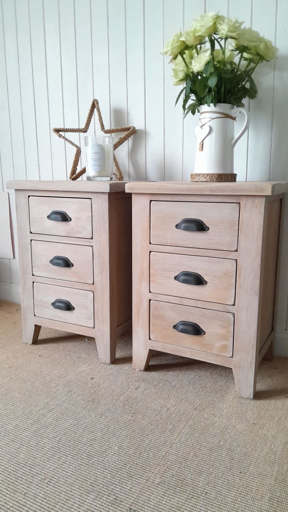 Rustic washed oak 3 drawer bedside chest,  industrial style bedroom futniture