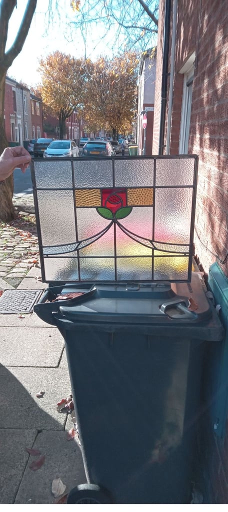 English Rose design stained glass window panel.