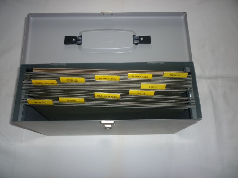 Foolscap SUSPENSION FILE BOX with Files, Tabs and Labels - Great Condition