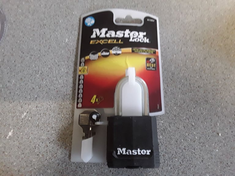 image for Master lock padlock as 4 keys hardened steel bolt cropper resistant weatherproof new 